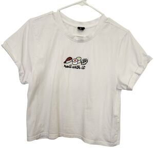 Vibe N' White Embroidered Sushi Roll With It Short Sleeve Crewneck Tee Medium